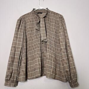 Zara Women's plaid pleated blouse high collar tie bow Blouse Sz M Babydoll